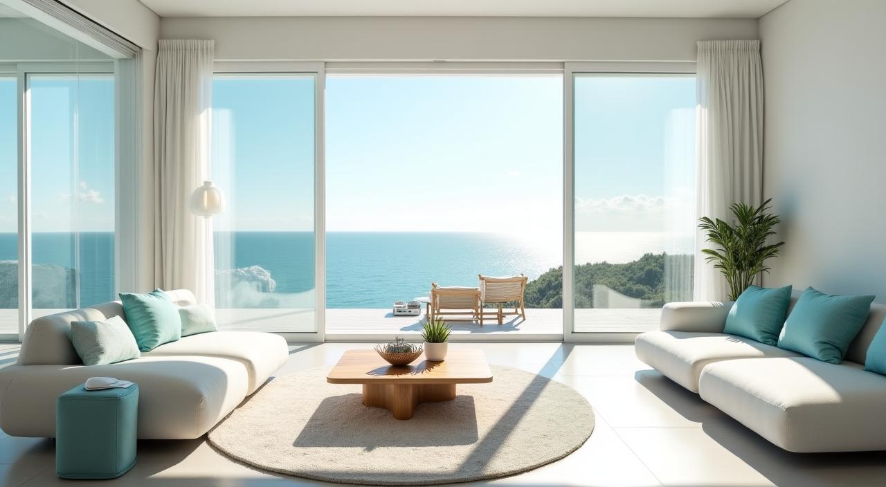 Un salotto luminoso e perfettamente pulito con vista mare